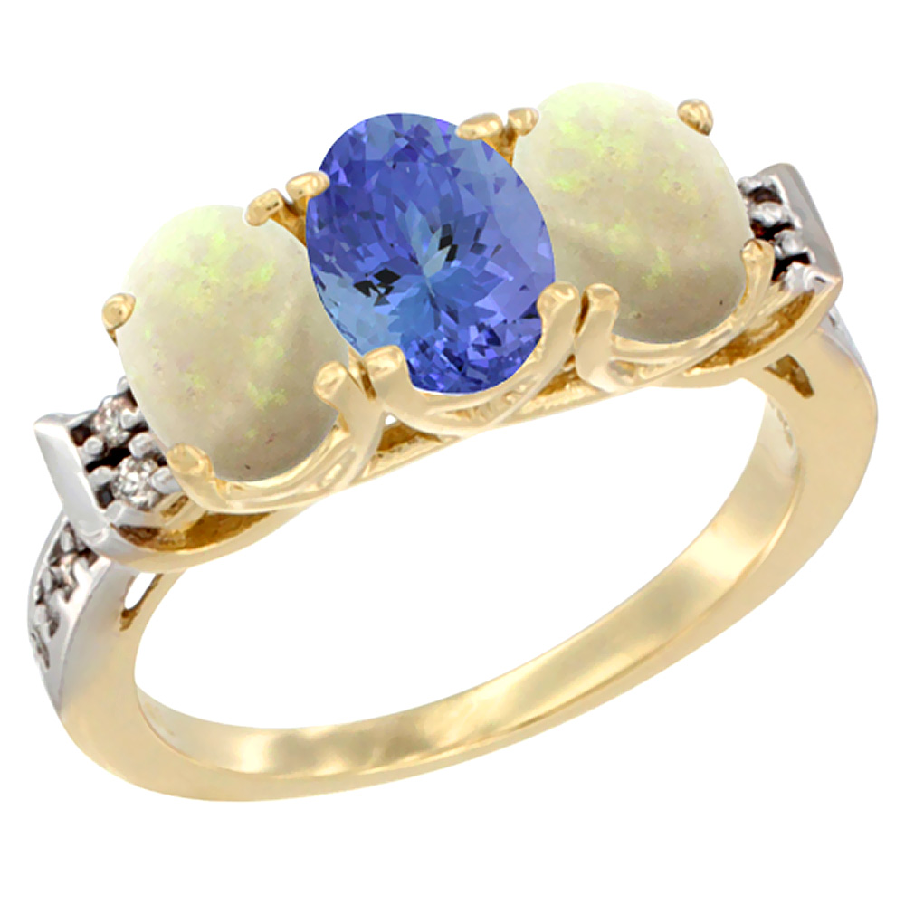 10K Yellow Gold Natural Tanzanite & Opal Sides Ring 3-Stone Oval 7x5 mm Diamond Accent, sizes 5 - 10