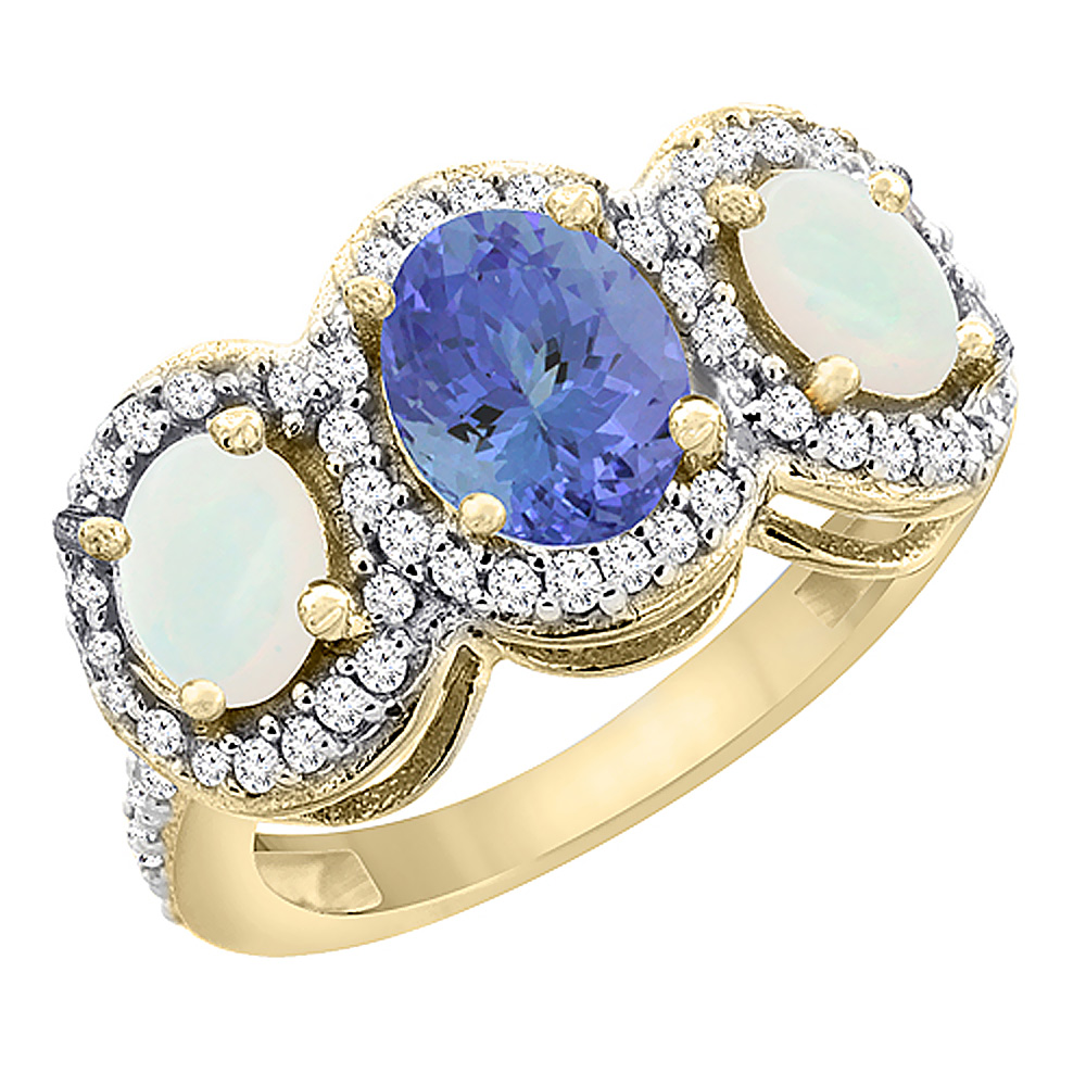 10K Yellow Gold Natural Tanzanite & Opal 3-Stone Ring Oval Diamond Accent, sizes 5 - 10