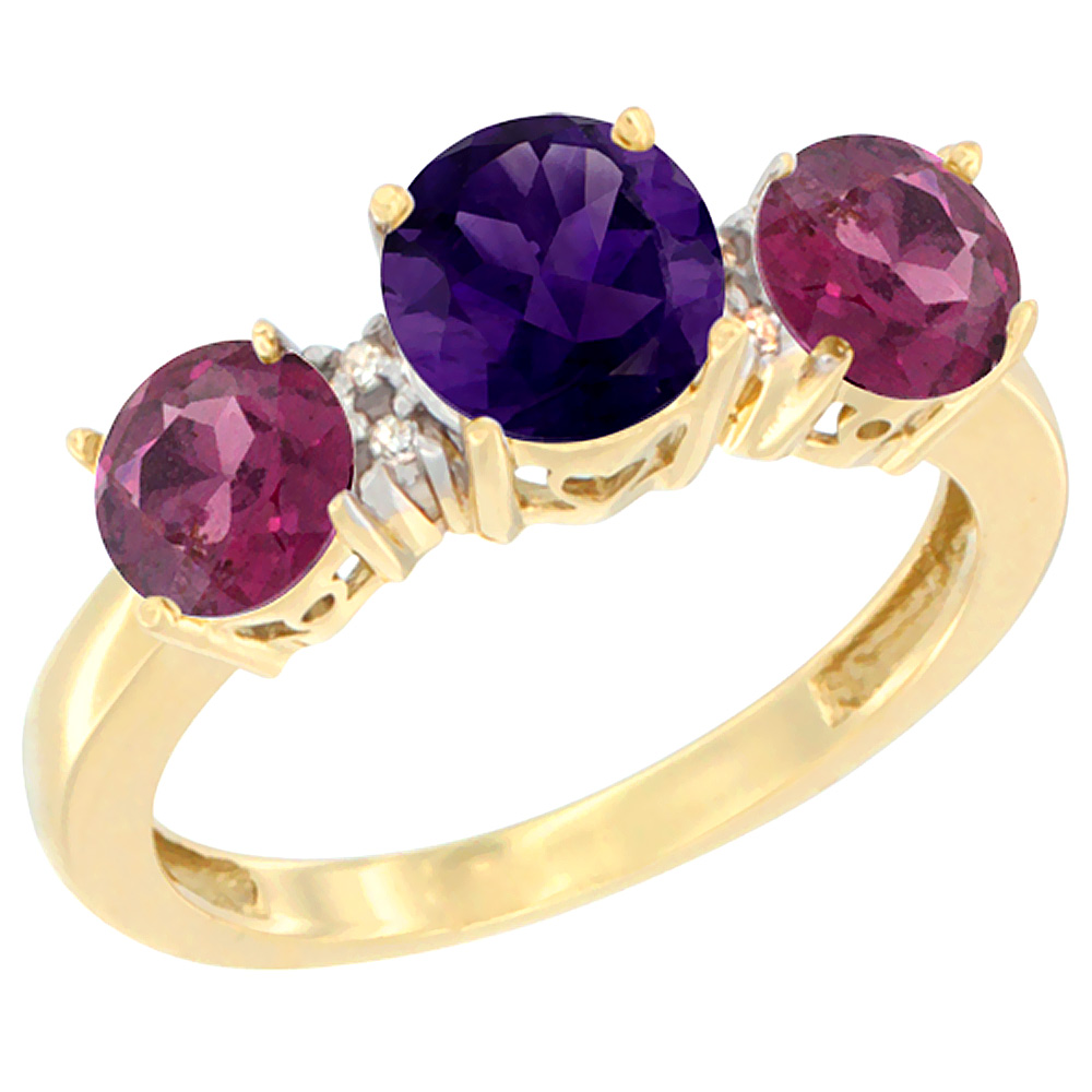 10K Yellow Gold Round 3-Stone Natural Amethyst Ring &amp; Rhodolite Sides Diamond Accent, sizes 5 - 10