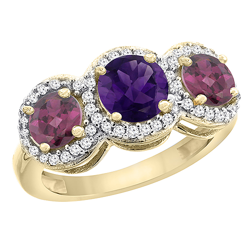 10K Yellow Gold Natural Amethyst & Rhodolite Sides Round 3-stone Ring Diamond Accents, sizes 5 - 10