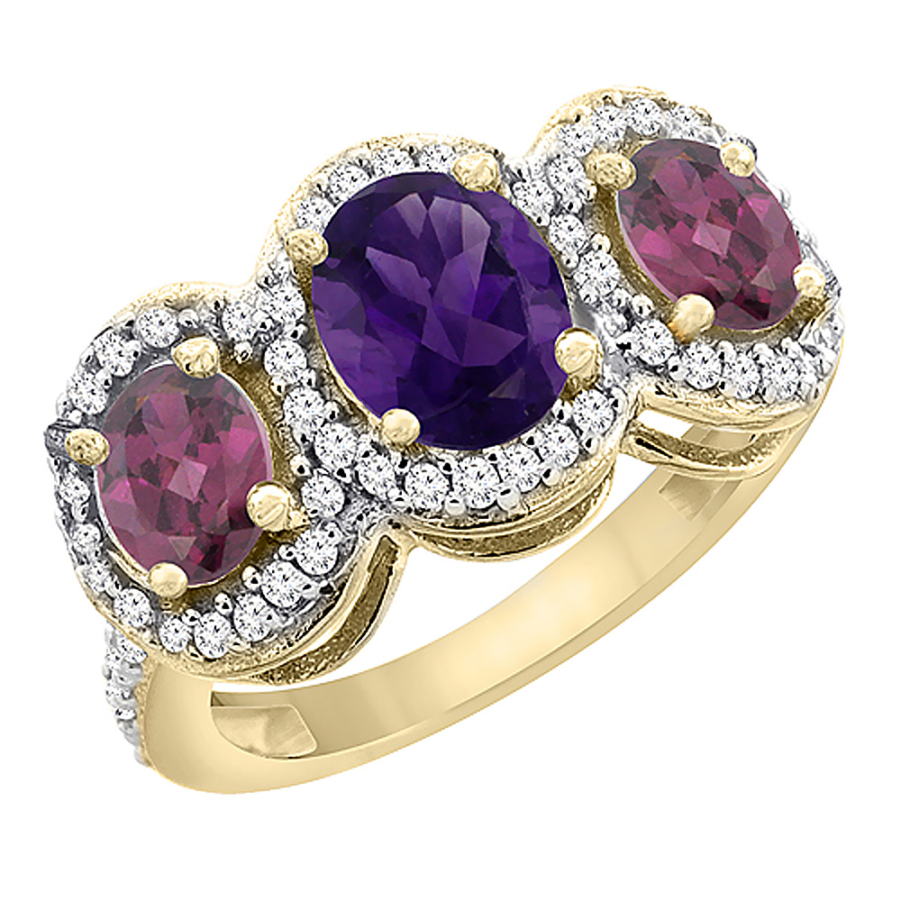 14K Yellow Gold Natural Amethyst &amp; Rhodolite 3-Stone Ring Oval Diamond Accent, sizes 5 - 10