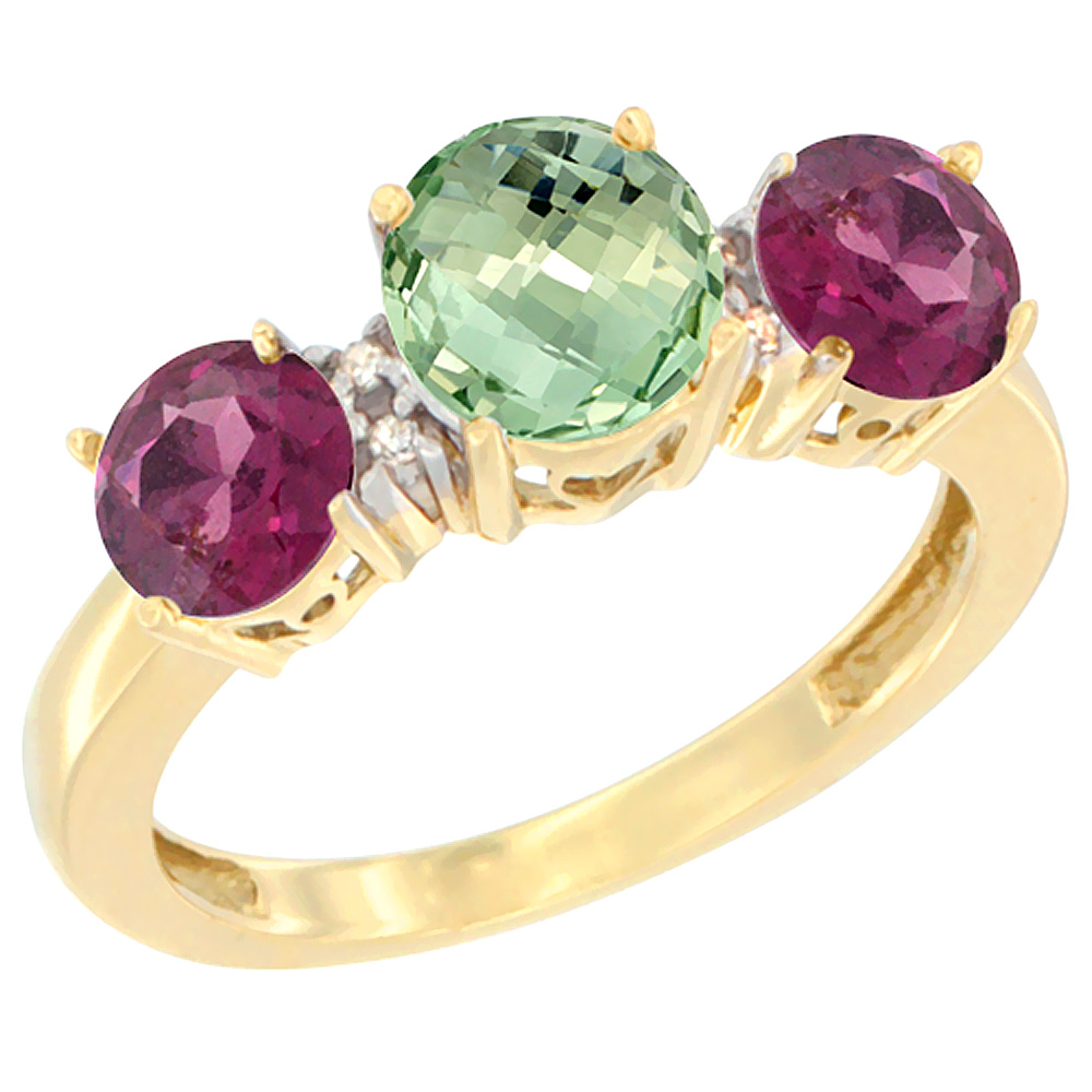 10K Yellow Gold Round 3-Stone Natural Green Amethyst Ring &amp; Rhodolite Sides Diamond Accent, sizes 5 - 10