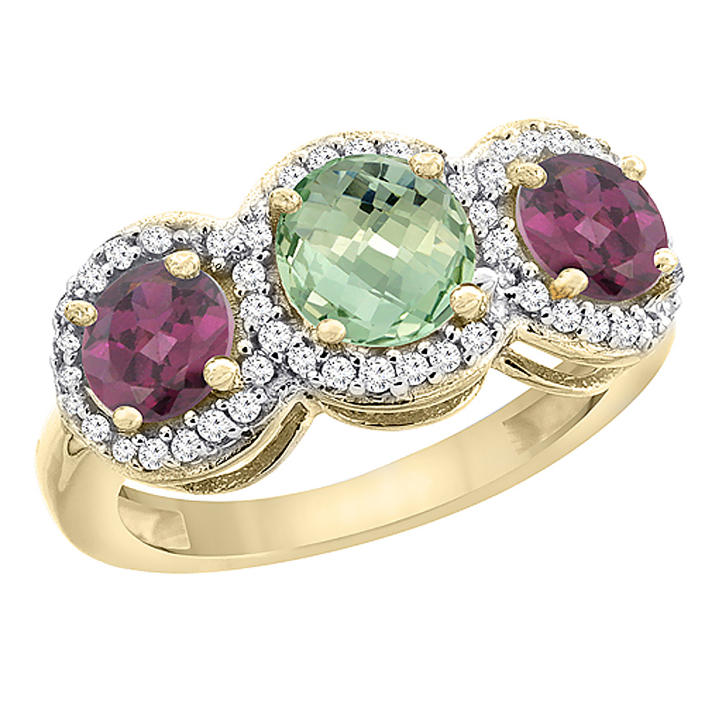 14K Yellow Gold Natural Green Amethyst & Rhodolite Sides Round 3-stone Ring Diamond Accents, sizes 5 - 10
