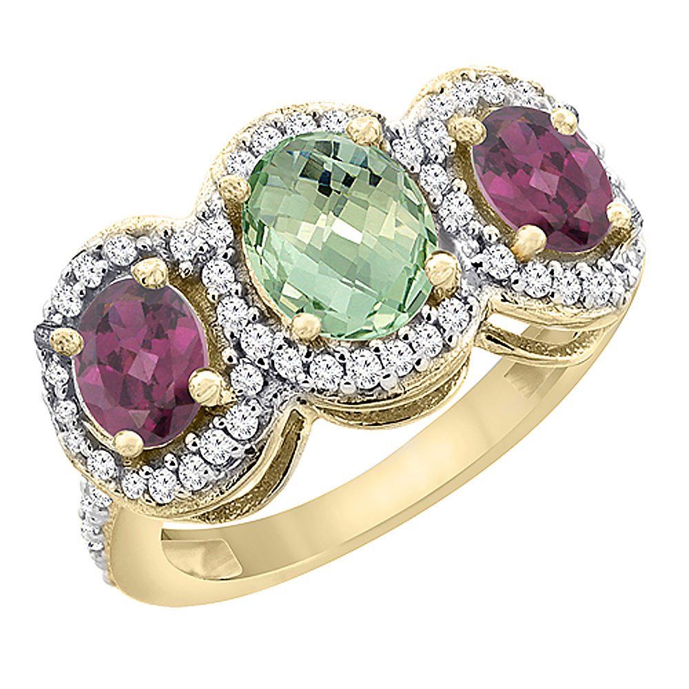 14K Yellow Gold Natural Green Amethyst &amp; Rhodolite 3-Stone Ring Oval Diamond Accent, sizes 5 - 10