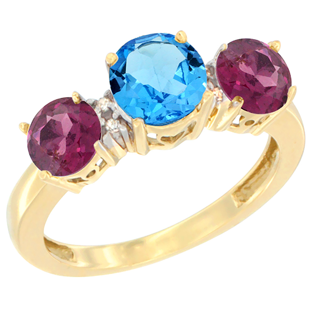 10K Yellow Gold Round 3-Stone Natural Swiss Blue Topaz Ring &amp; Rhodolite Sides Diamond Accent, sizes 5 - 10