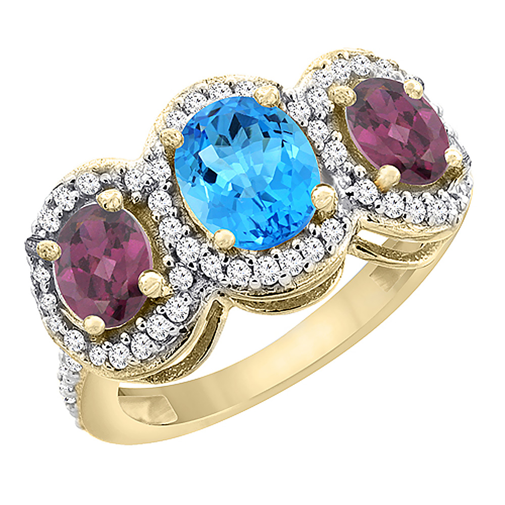 10K Yellow Gold Natural Swiss Blue Topaz & Rhodolite 3-Stone Ring Oval Diamond Accent, sizes 5 - 10