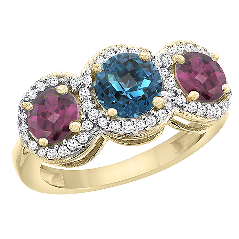 14K Yellow Gold Natural London Blue Topaz & Rhodolite Sides Round 3-stone Ring Diamond Accents, sizes 5 - 10