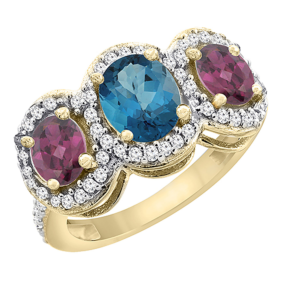10K Yellow Gold Natural London Blue Topaz & Rhodolite 3-Stone Ring Oval Diamond Accent, sizes 5 - 10