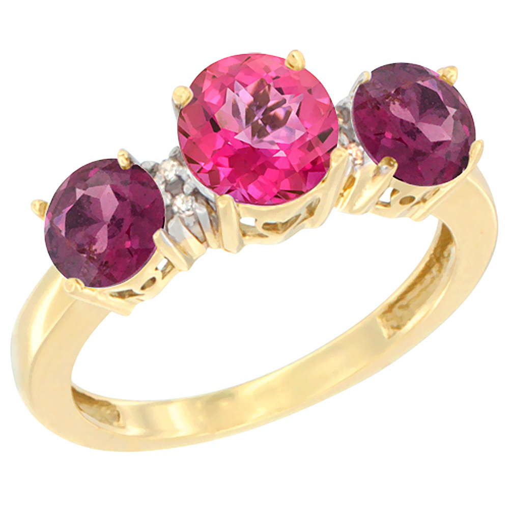 10K Yellow Gold Round 3-Stone Natural Pink Topaz Ring & Rhodolite Sides Diamond Accent, sizes 5 - 10
