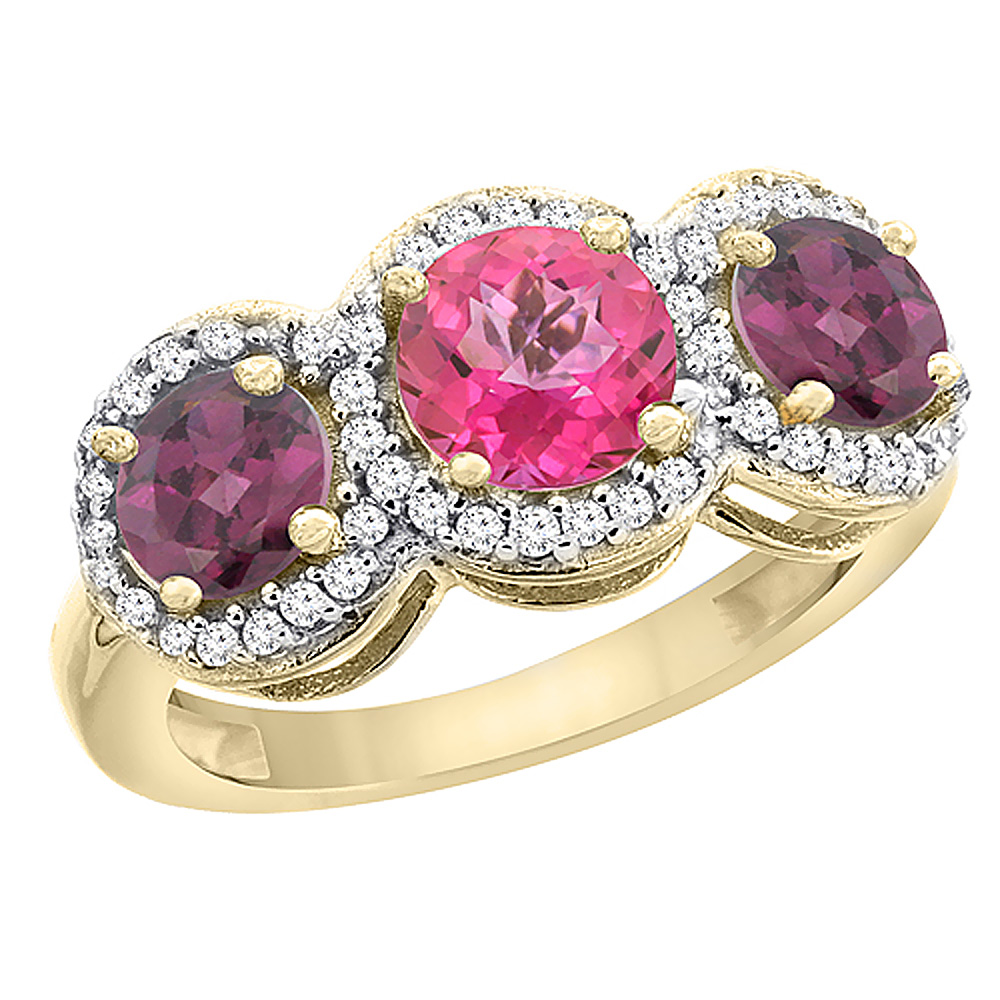 14K Yellow Gold Natural Pink Topaz & Rhodolite Sides Round 3-stone Ring Diamond Accents, sizes 5 - 10