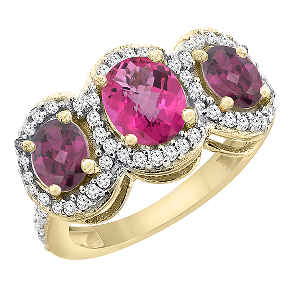 14K Yellow Gold Natural Pink Topaz &amp; Rhodolite 3-Stone Ring Oval Diamond Accent, sizes 5 - 10