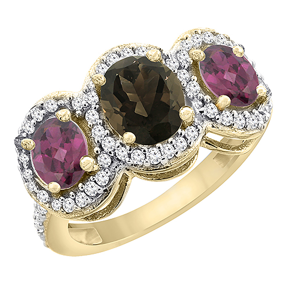 10K Yellow Gold Natural Smoky Topaz &amp; Rhodolite 3-Stone Ring Oval Diamond Accent, sizes 5 - 10