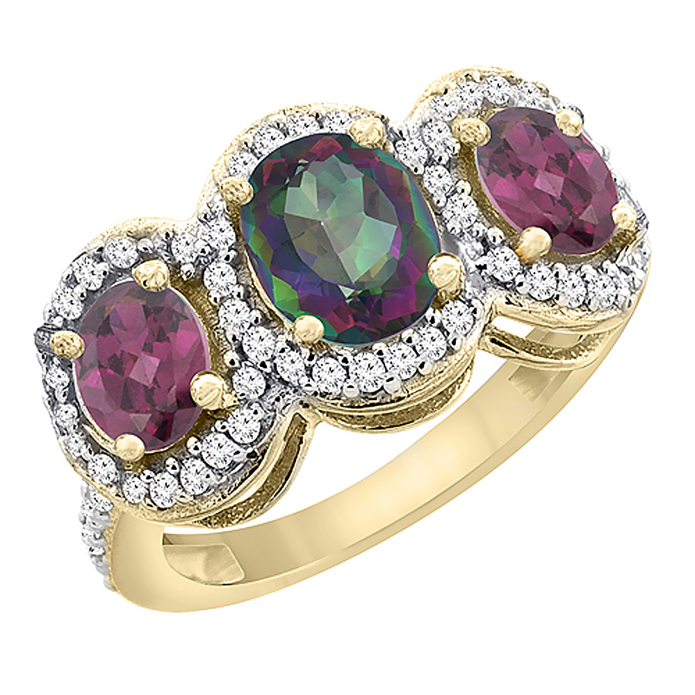14K Yellow Gold Natural Mystic Topaz & Rhodolite 3-Stone Ring Oval Diamond Accent, sizes 5 - 10