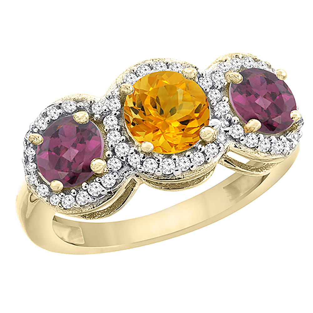 14K Yellow Gold Natural Citrine &amp; Rhodolite Sides Round 3-stone Ring Diamond Accents, sizes 5 - 10