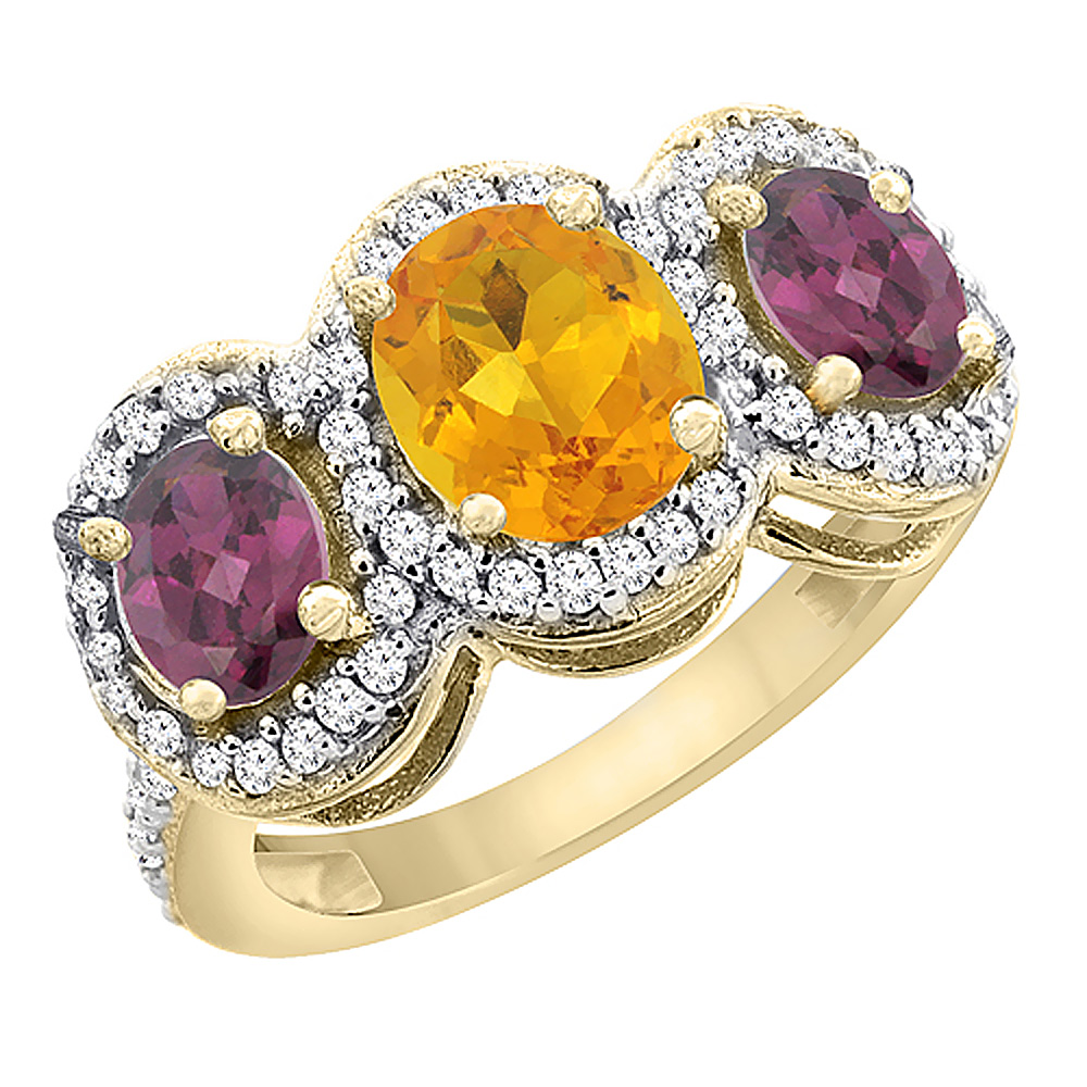 14K Yellow Gold Natural Citrine & Rhodolite 3-Stone Ring Oval Diamond Accent, sizes 5 - 10