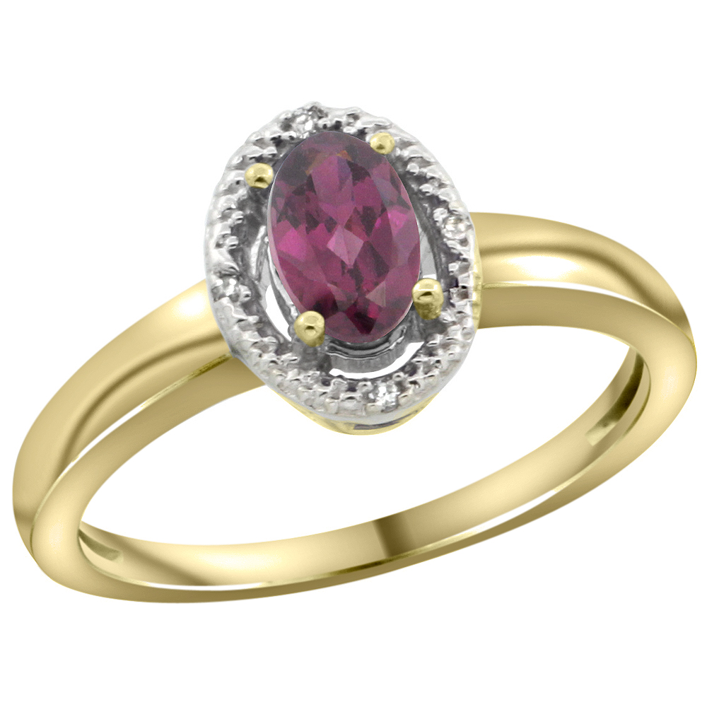 10K Yellow Gold Diamond Halo Natural Rhodolite Engagement Ring Oval 6X4 mm, sizes 5-10
