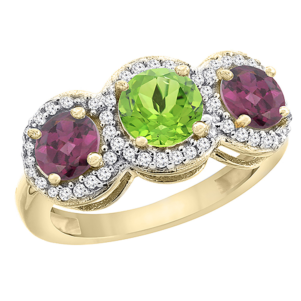 10K Yellow Gold Natural Peridot &amp; Rhodolite Sides Round 3-stone Ring Diamond Accents, sizes 5 - 10