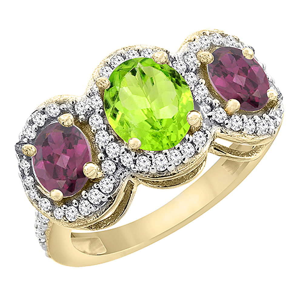 10K Yellow Gold Natural Peridot & Rhodolite 3-Stone Ring Oval Diamond Accent, sizes 5 - 10