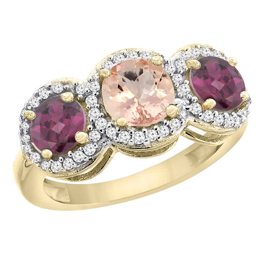10K Yellow Gold Natural Morganite &amp; Rhodolite Sides Round 3-stone Ring Diamond Accents, sizes 5 - 10
