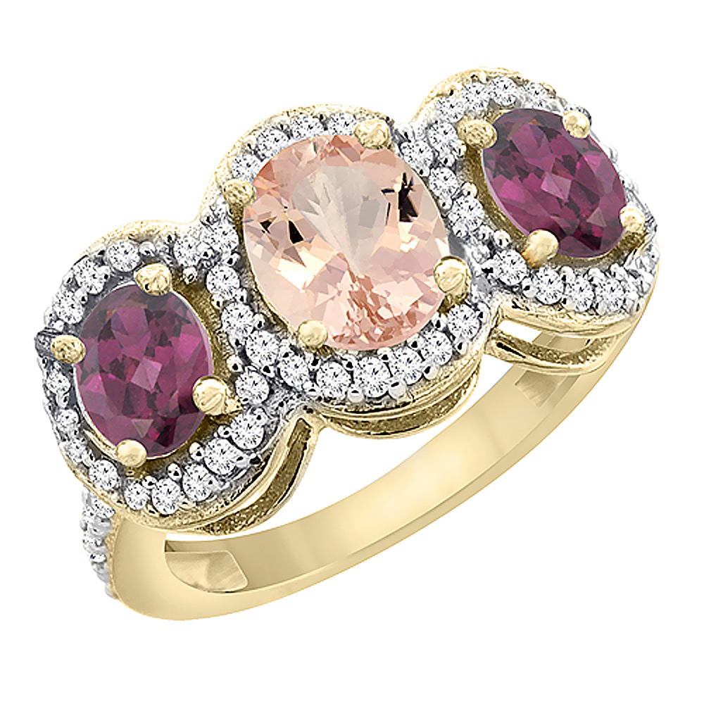 14K Yellow Gold Natural Morganite & Rhodolite 3-Stone Ring Oval Diamond Accent, sizes 5 - 10