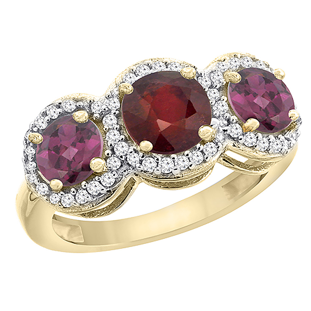 10K Yellow Gold Enhanced Ruby & Rhodolite Sides Round 3-stone Ring Diamond Accents, sizes 5 - 10