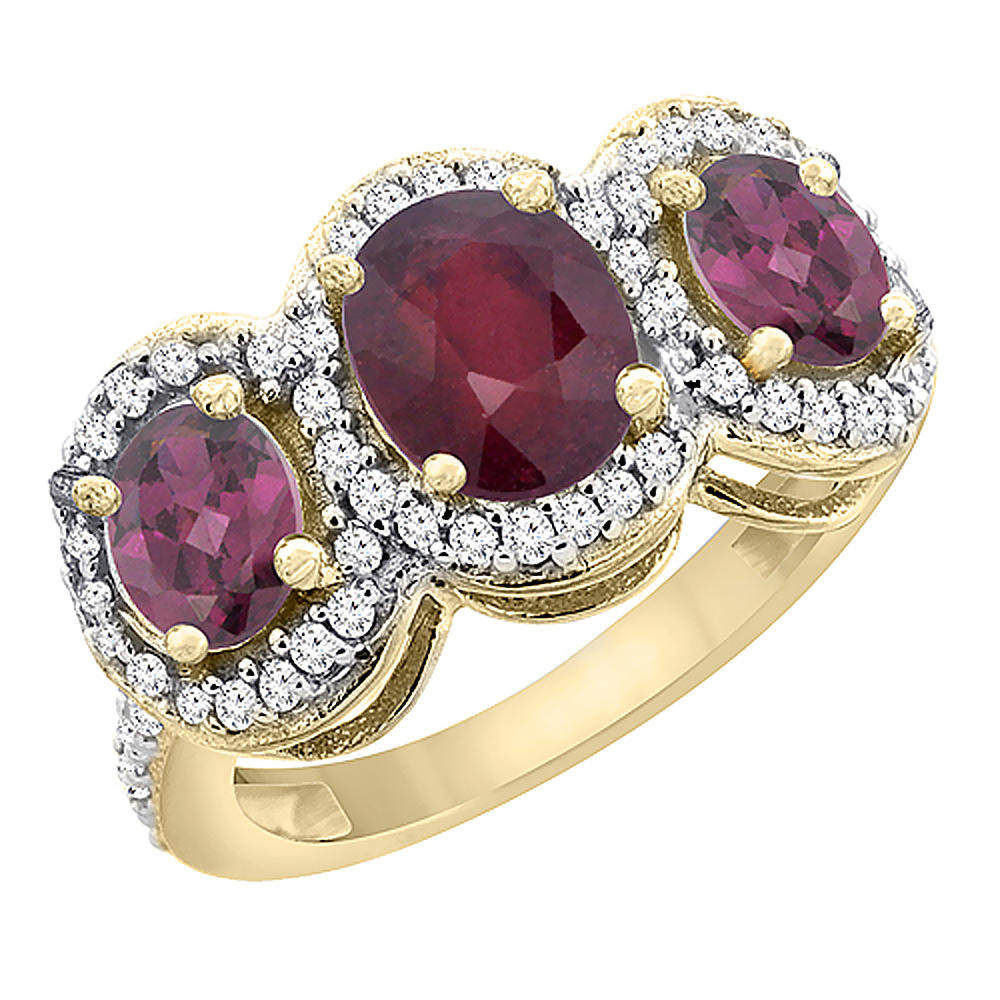 14K Yellow Gold Natural Quality Ruby & Rhodolite 3-stone Mothers Ring Oval Diamond Accent, size 5 - 10