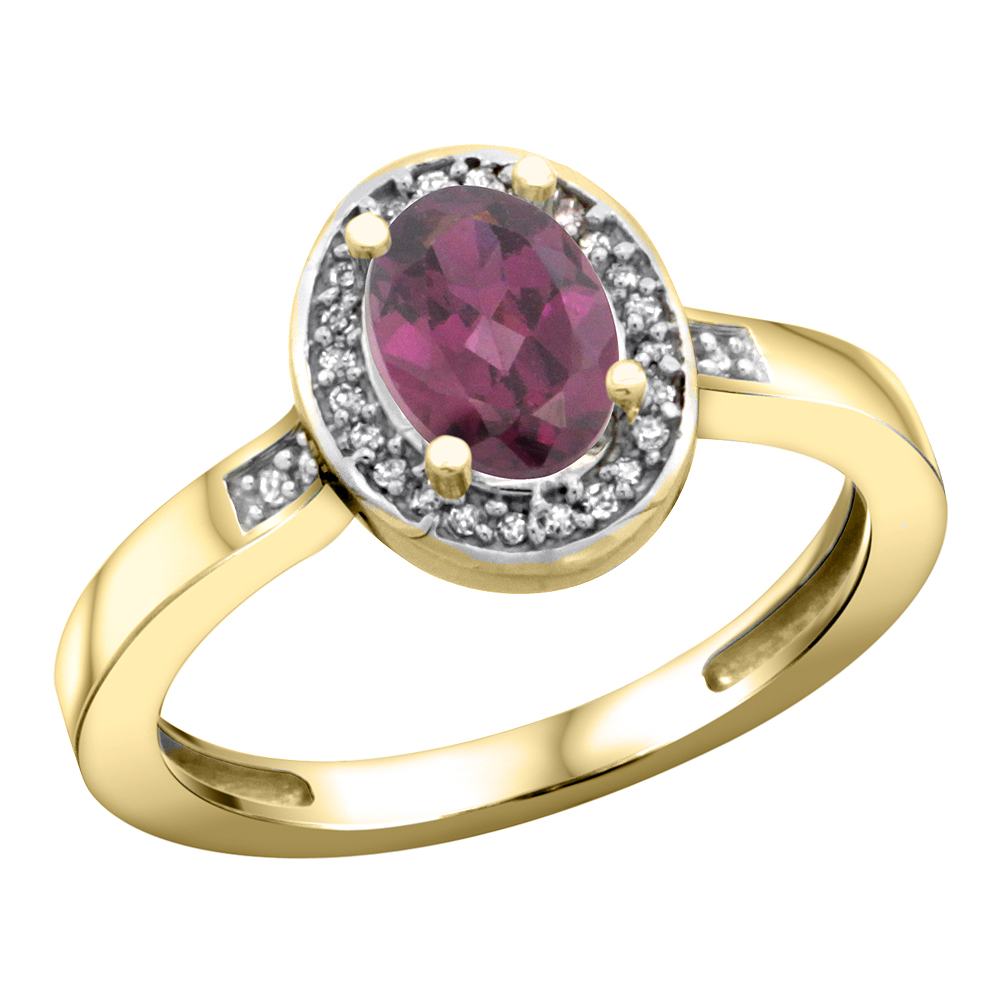 14K Yellow Gold Diamond Natural Rhodolite Engagement Ring Oval 7x5mm, sizes 5-10