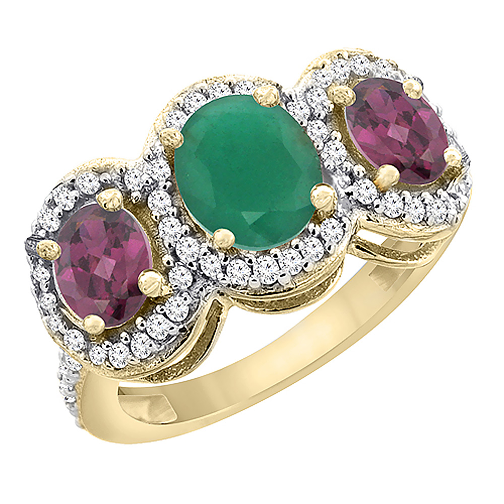 14K Yellow Gold Natural Quality Emerald & Rhodolite 3-stone Mothers Ring Oval Diamond Accent, size 5 - 10