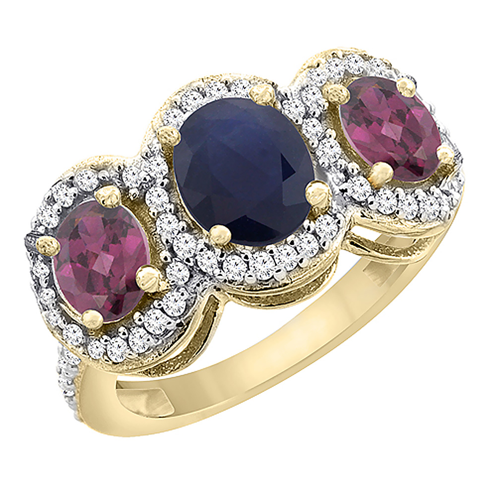 14K Yellow Gold Natural Blue Sapphire &amp; Rhodolite 3-Stone Ring Oval Diamond Accent, sizes 5 - 10