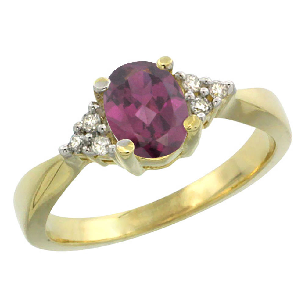 14K Yellow Gold Diamond Natural Rhodolite Engagement Ring Oval 7x5mm, sizes 5-10