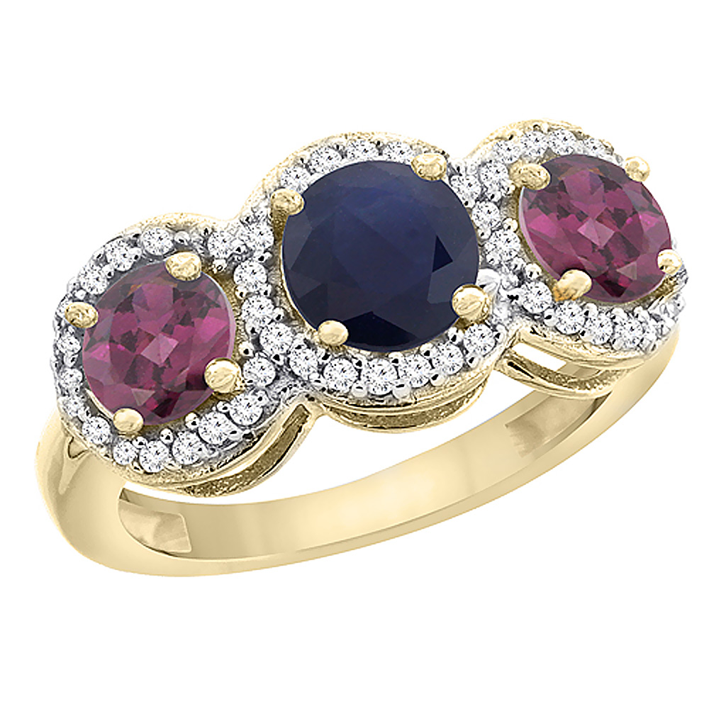 10K Yellow Gold Natural High Quality Blue Sapphire &amp; Rhodolite Sides Round 3-stone Ring Diamond Accents, sizes 5 - 10