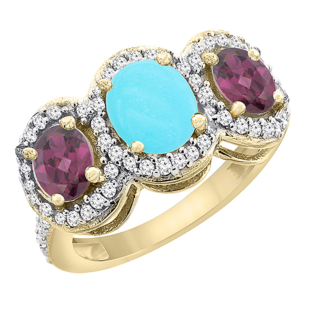 10K Yellow Gold Natural Turquoise & Rhodolite 3-Stone Ring Oval Diamond Accent, sizes 5 - 10