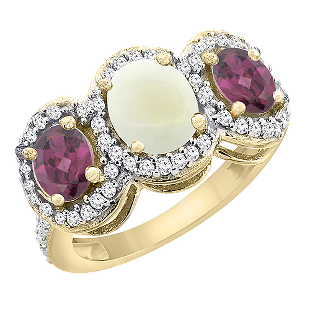 14K Yellow Gold Natural Opal & Rhodolite 3-Stone Ring Oval Diamond Accent, sizes 5 - 10