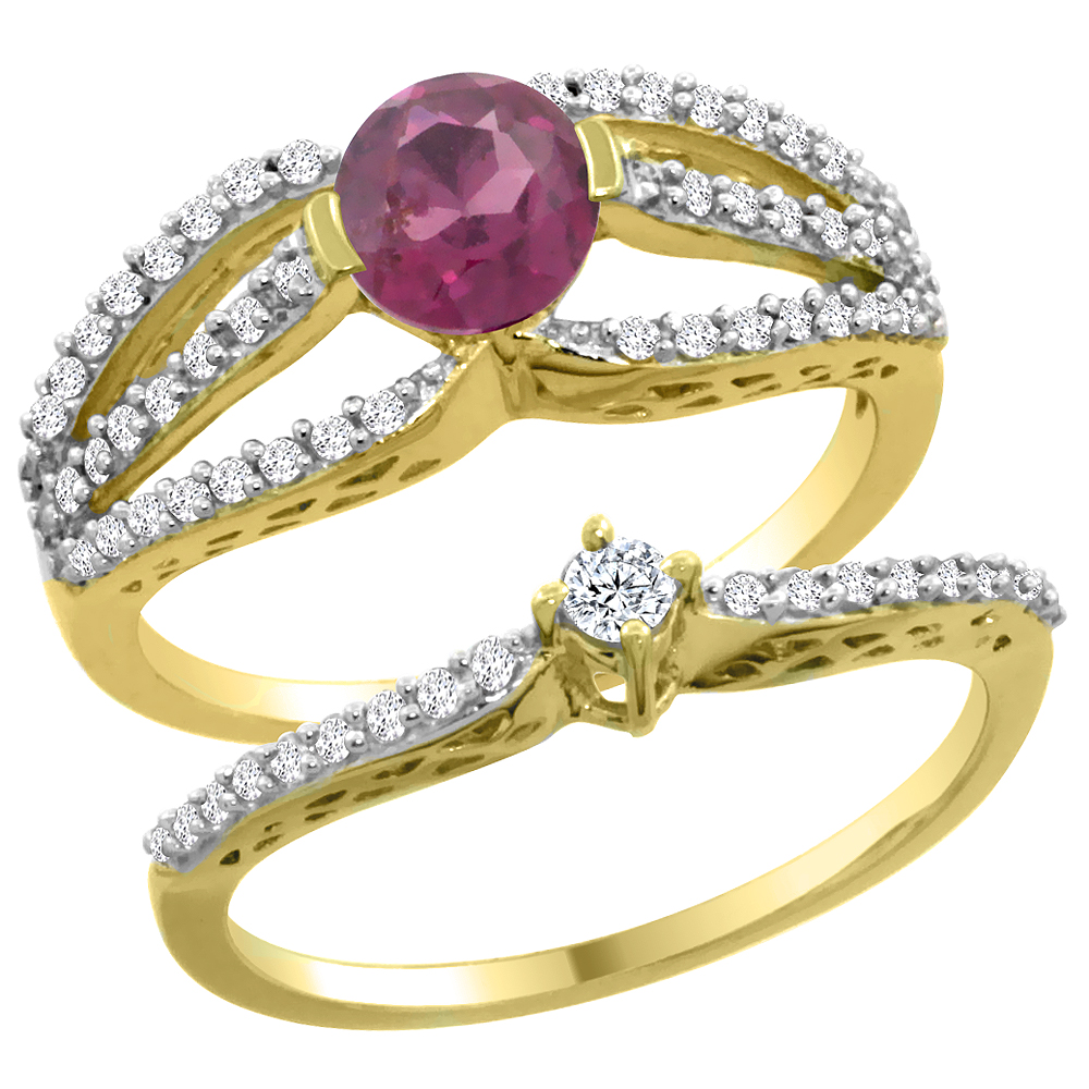 14K Yellow Gold Natural Rhodolite 2-piece Engagement Ring Set Round 5mm, sizes 5 - 10
