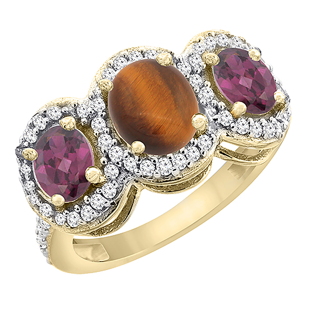 10K Yellow Gold Natural Tiger Eye & Rhodolite 3-Stone Ring Oval Diamond Accent, sizes 5 - 10