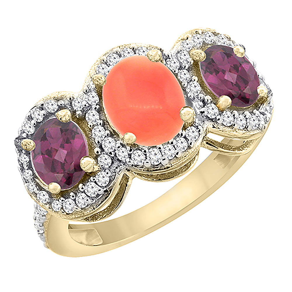 14K Yellow Gold Natural Coral &amp; Rhodolite 3-Stone Ring Oval Diamond Accent, sizes 5 - 10