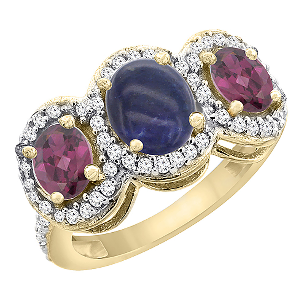 10K Yellow Gold Natural Lapis & Rhodolite 3-Stone Ring Oval Diamond Accent, sizes 5 - 10