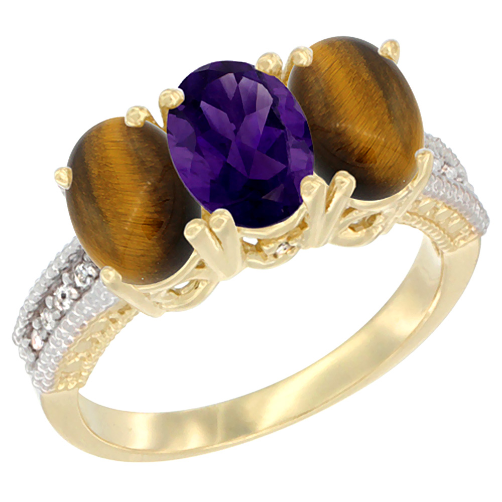 14K Yellow Gold Natural Amethyst & Tiger Eye Sides Ring 3-Stone 7x5 mm Oval Diamond Accent, sizes 5 - 10