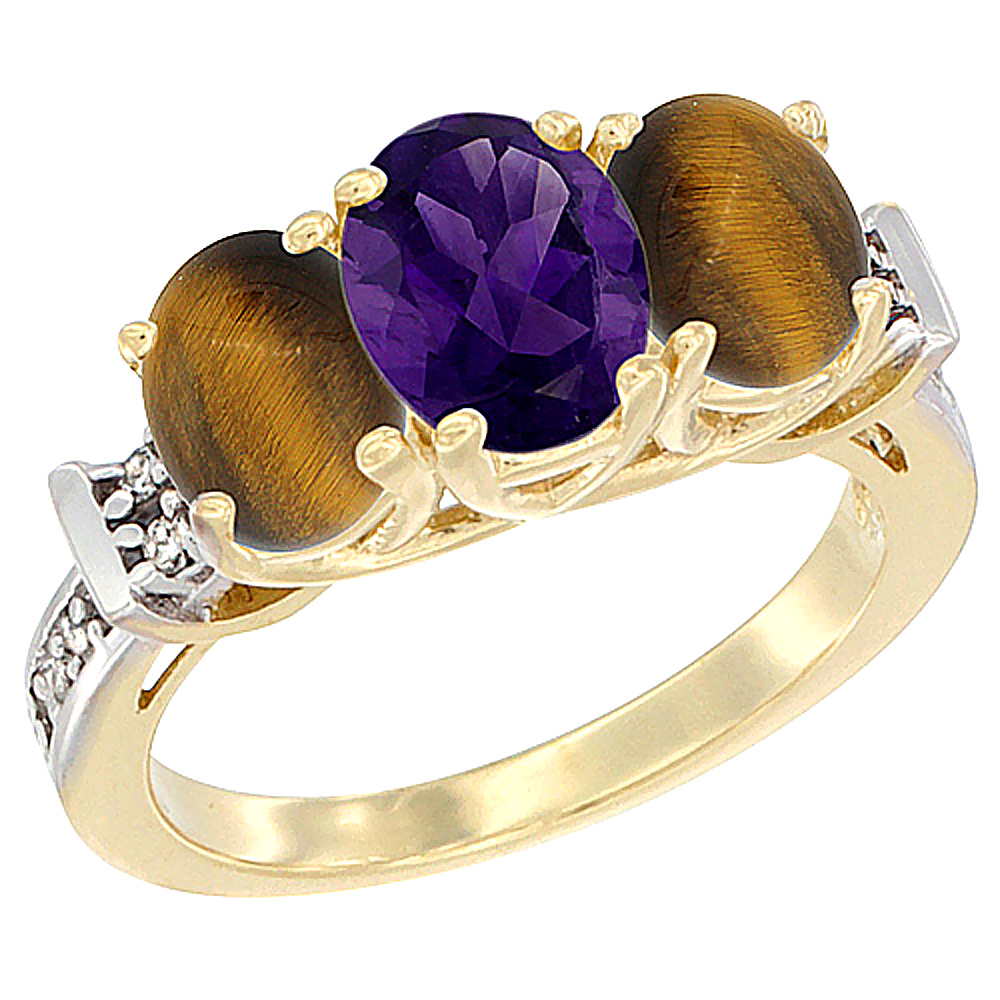 14K Yellow Gold Natural Amethyst & Tiger Eye Sides Ring 3-Stone Oval Diamond Accent, sizes 5 - 10