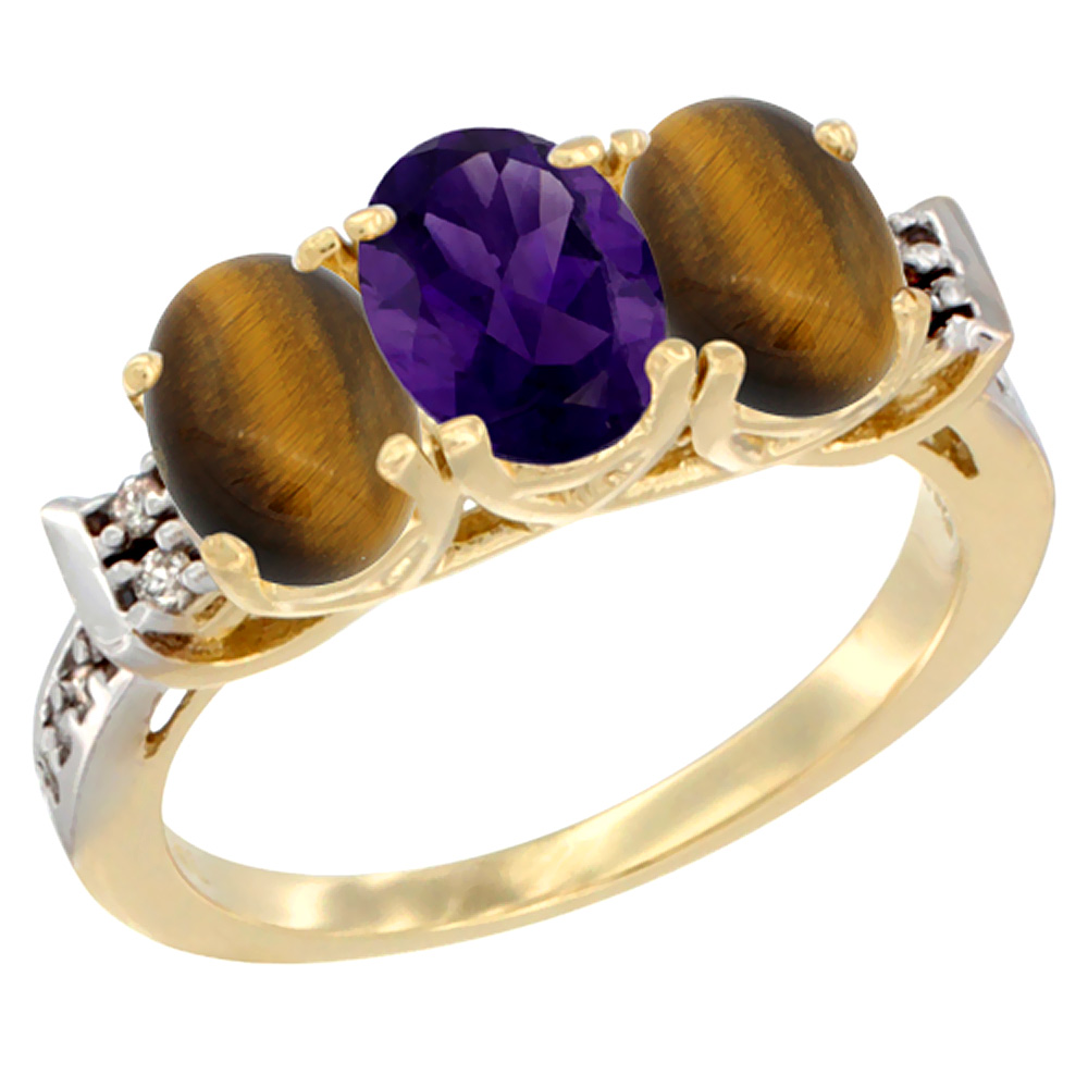 10K Yellow Gold Natural Amethyst & Tiger Eye Sides Ring 3-Stone Oval 7x5 mm Diamond Accent, sizes 5 - 10