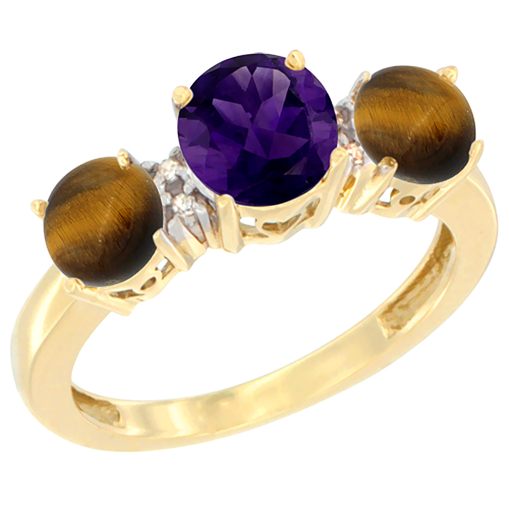 10K Yellow Gold Round 3-Stone Natural Amethyst Ring & Tiger Eye Sides Diamond Accent, sizes 5 - 10