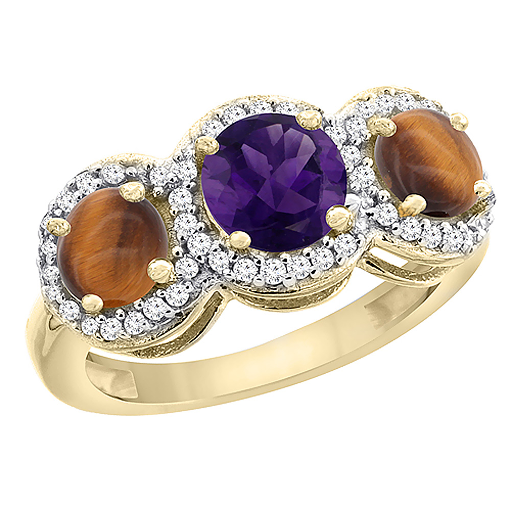 14K Yellow Gold Natural Amethyst &amp; Tiger Eye Sides Round 3-stone Ring Diamond Accents, sizes 5 - 10