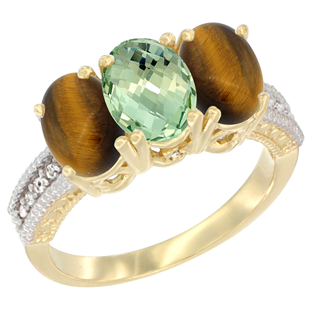 14K Yellow Gold Natural Green Amethyst &amp; Tiger Eye Sides Ring 3-Stone 7x5 mm Oval Diamond Accent, sizes 5 - 10