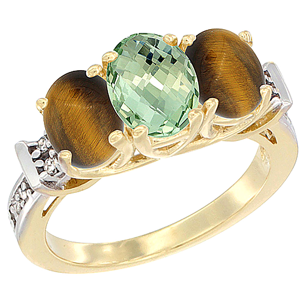 14K Yellow Gold Natural Green Amethyst &amp; Tiger Eye Sides Ring 3-Stone Oval Diamond Accent, sizes 5 - 10