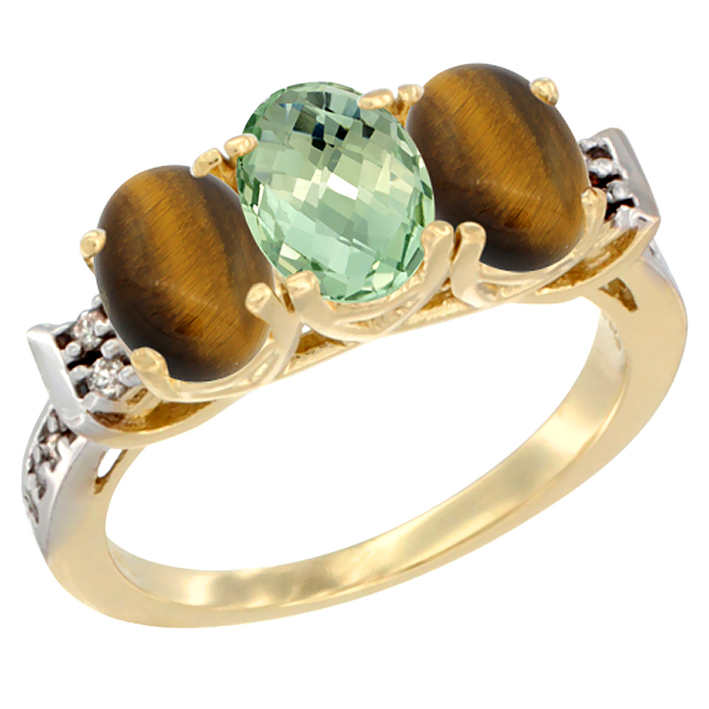 14K Yellow Gold Natural Green Amethyst &amp; Tiger Eye Sides Ring 3-Stone Oval 7x5 mm Diamond Accent, sizes 5 - 10