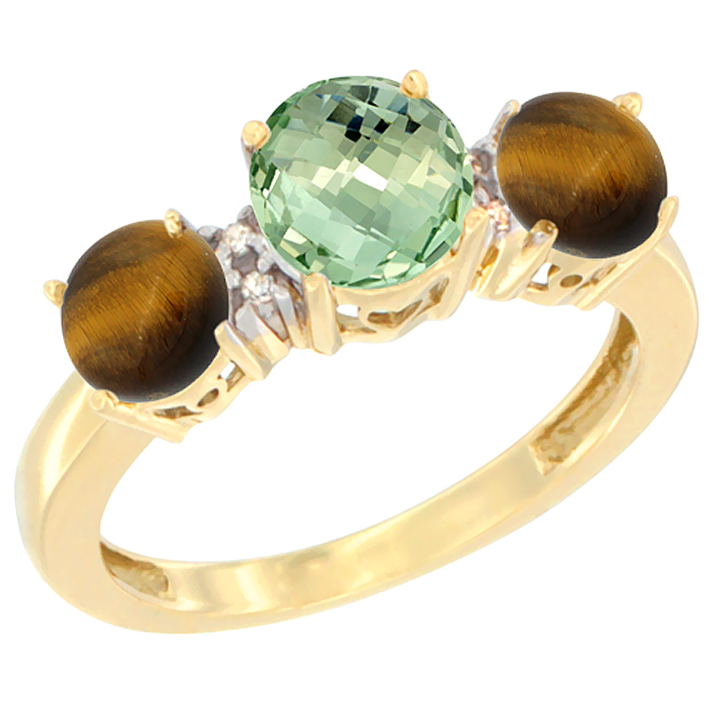 14K Yellow Gold Round 3-Stone Natural Green Amethyst Ring & Tiger Eye Sides Diamond Accent, sizes 5 - 10