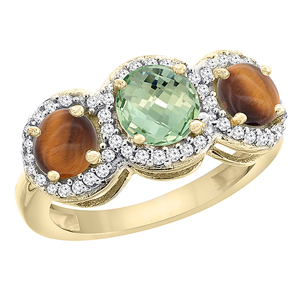 14K Yellow Gold Natural Green Amethyst &amp; Tiger Eye Sides Round 3-stone Ring Diamond Accents, sizes 5 - 10