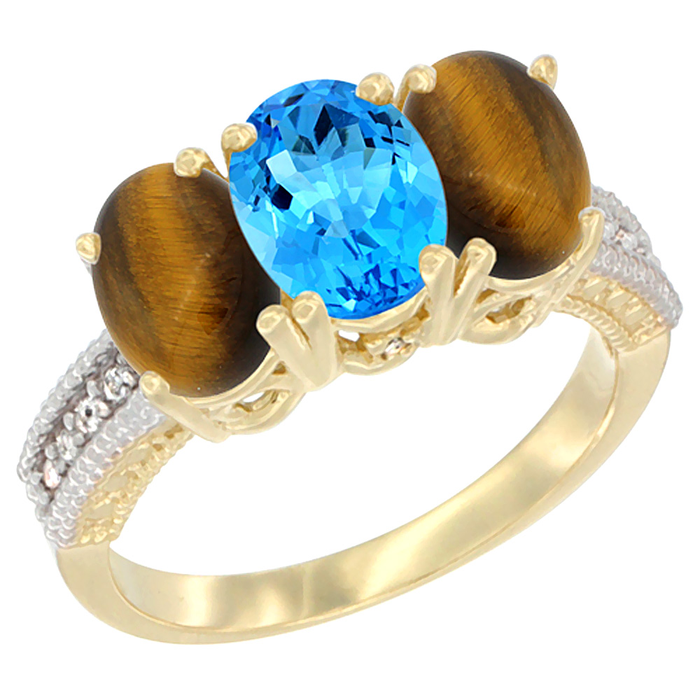 14K Yellow Gold Natural Swiss Blue Topaz &amp; Tiger Eye Sides Ring 3-Stone 7x5 mm Oval Diamond Accent, sizes 5 - 10
