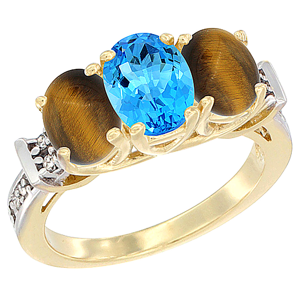 10K Yellow Gold Natural Swiss Blue Topaz &amp; Tiger Eye Sides Ring 3-Stone Oval Diamond Accent, sizes 5 - 10