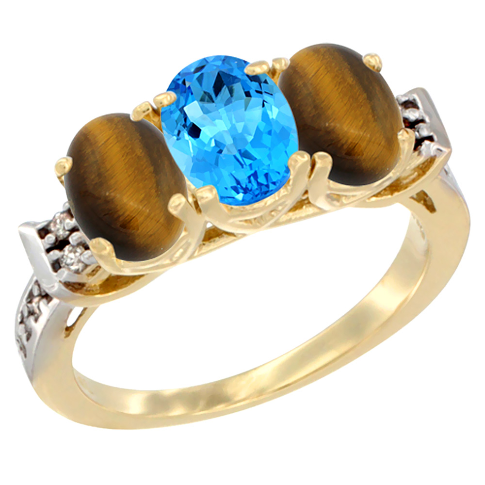 14K Yellow Gold Natural Swiss Blue Topaz &amp; Tiger Eye Sides Ring 3-Stone Oval 7x5 mm Diamond Accent, sizes 5 - 10